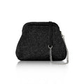 Italian raffia straw crossbody bag with vintage frame design in black with leather and silver chain strap