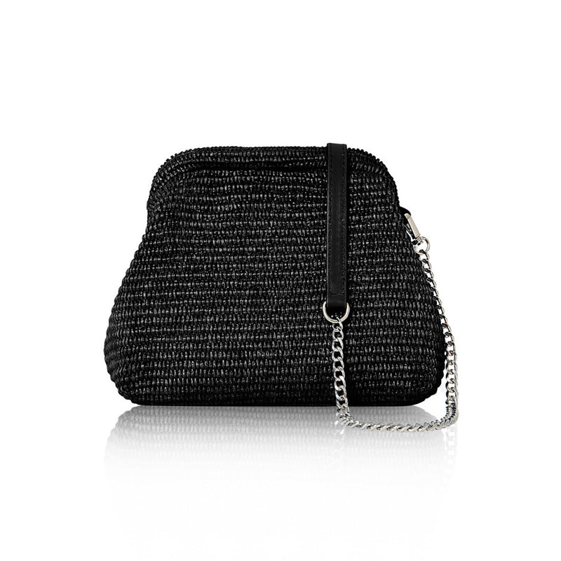 Italian raffia straw crossbody bag with vintage frame design in black with leather and silver chain strap