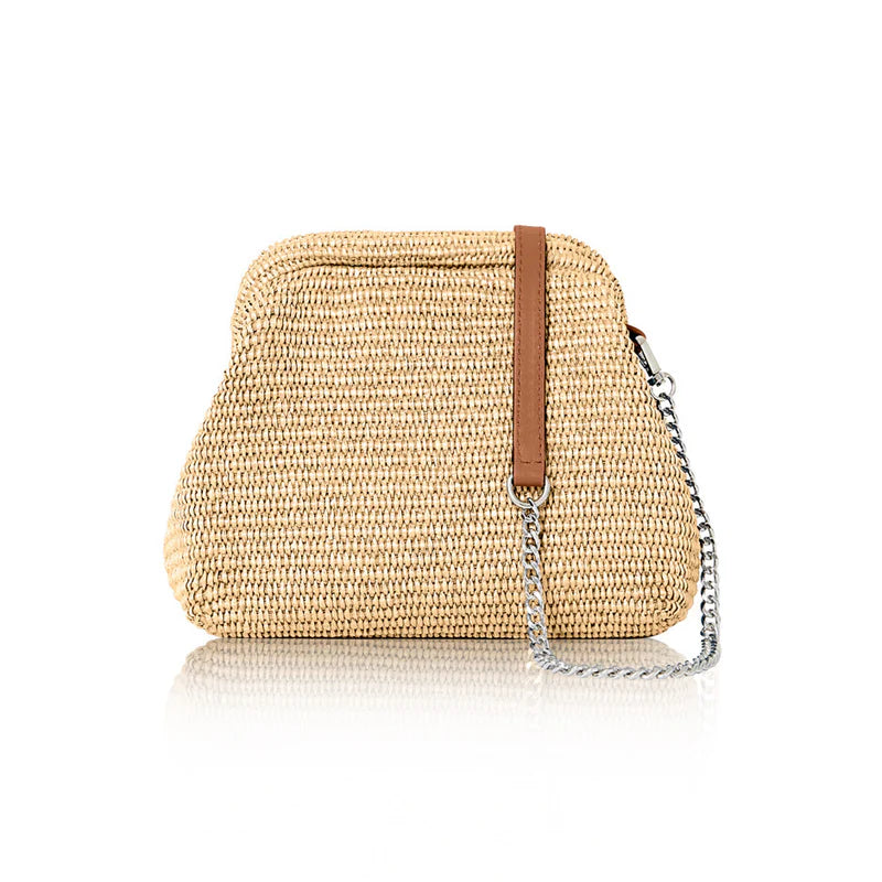 Italian raffia straw crossbody bag with vintage frame design in camel with leather and silver chain strap