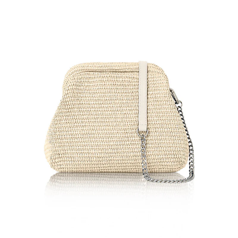 Italian raffia straw crossbody bag with vintage frame design in cream with leather and silver chain strap