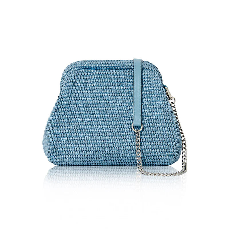Italian raffia straw crossbody bag with vintage frame design in denim blue with silver chain strap