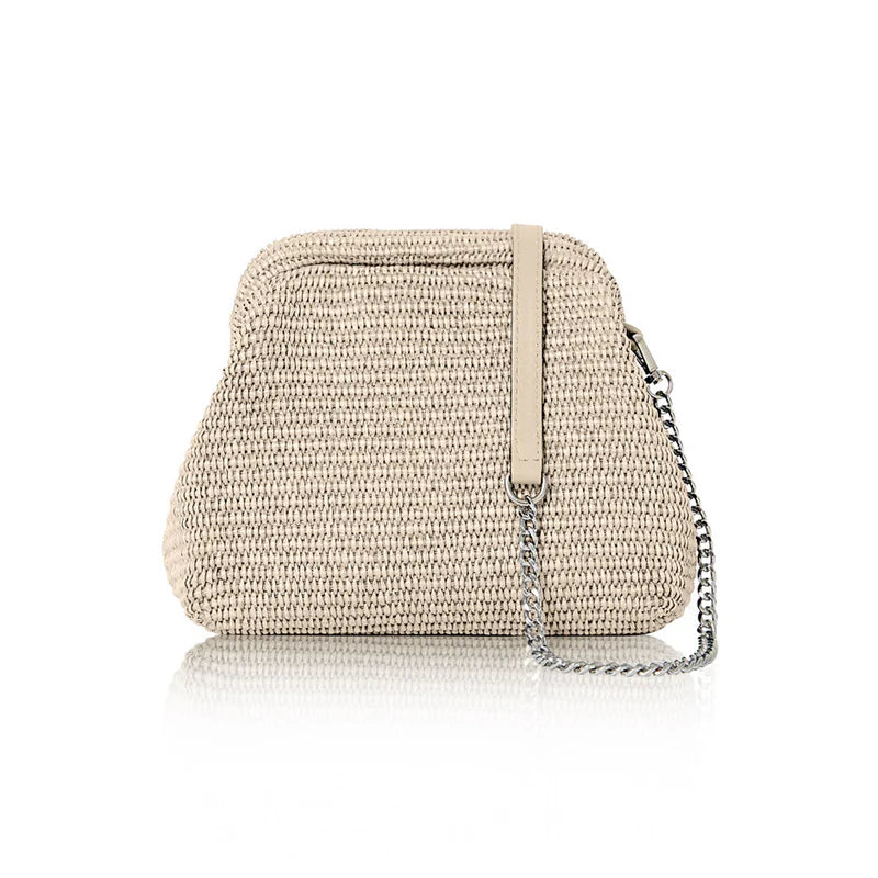 Italian raffia straw crossbody bag with vintage frame design in light taupe with leather and silver chain strap