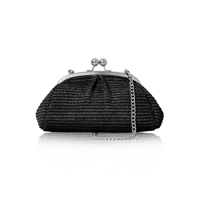 Italian woven raffia kiss-lock crossbody bag in black with silver frame clasp and chain strap