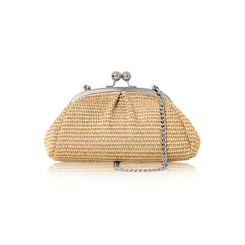 Italian woven raffia kiss-lock crossbody bag in camel with silver frame clasp and chain strap