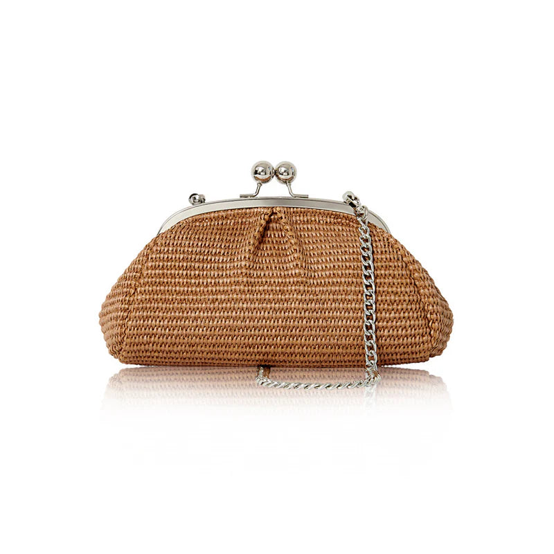 Italian woven raffia kiss-lock crossbody bag in dark tan with silver frame clasp and chain strap