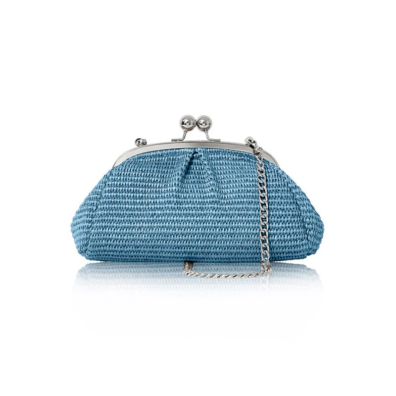 Italian woven raffia kiss-lock crossbody bag in denim blue with silver frame clasp and chain strap