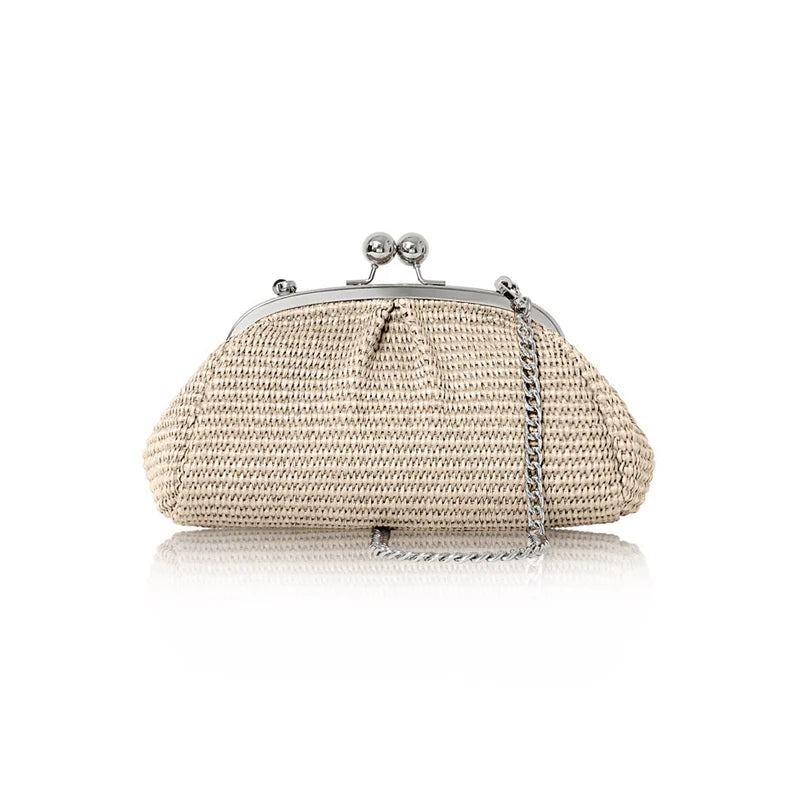 Italian woven raffia kiss-lock crossbody bag in light taupe with silver frame clasp and chain strap