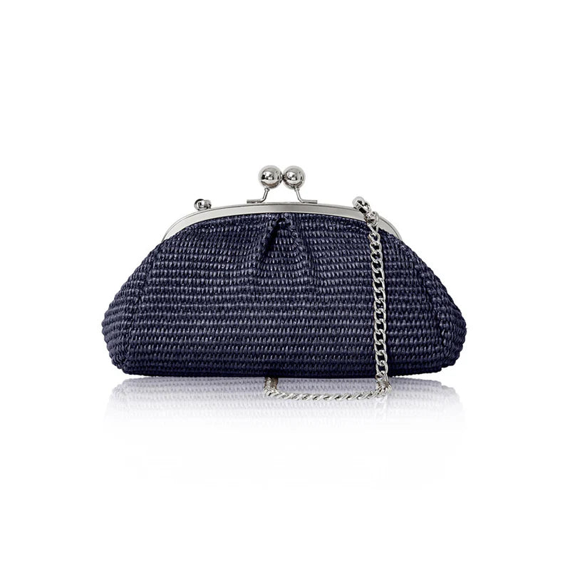 Italian woven raffia kiss-lock crossbody bag in navy with silver frame clasp and chain strap
