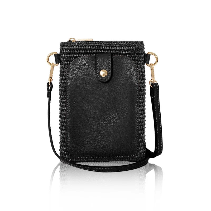 Italian raffia and leather crossbody phone bag in black with gold-tone hardware | MERLEORA