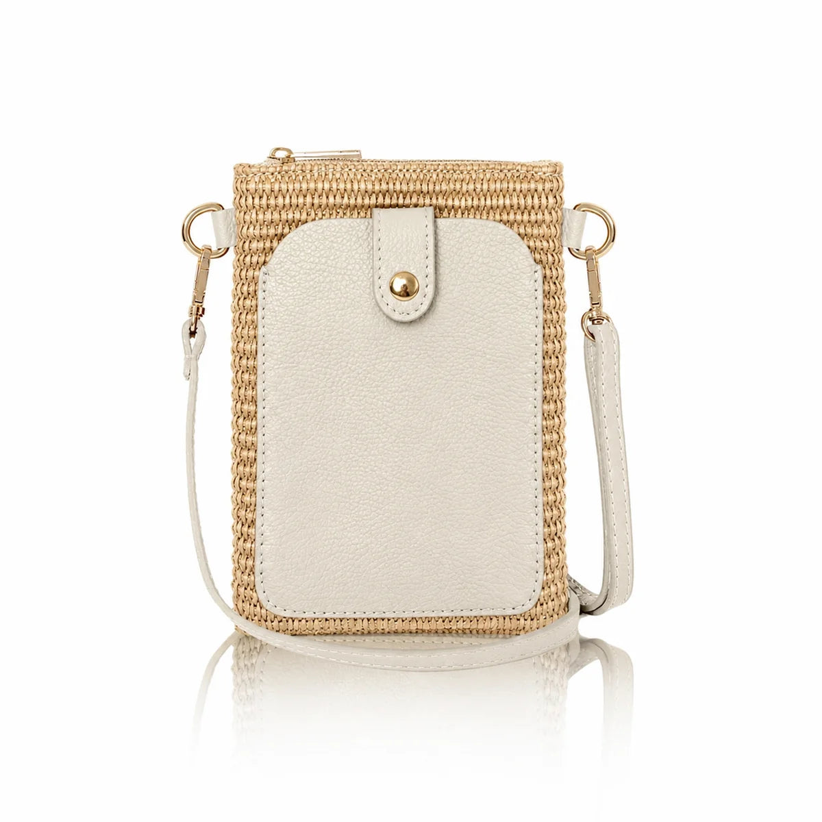 Italian raffia and leather crossbody phone bag in cream and natural raffia with gold-tone hardware | MERLEORA