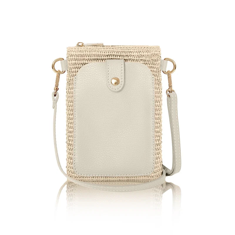 Italian raffia and leather crossbody phone bag in cream with gold-tone hardware | MERLEORA