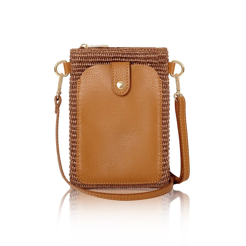 Italian raffia and leather crossbody phone bag in dark tan with gold-tone hardware | MERLEORA