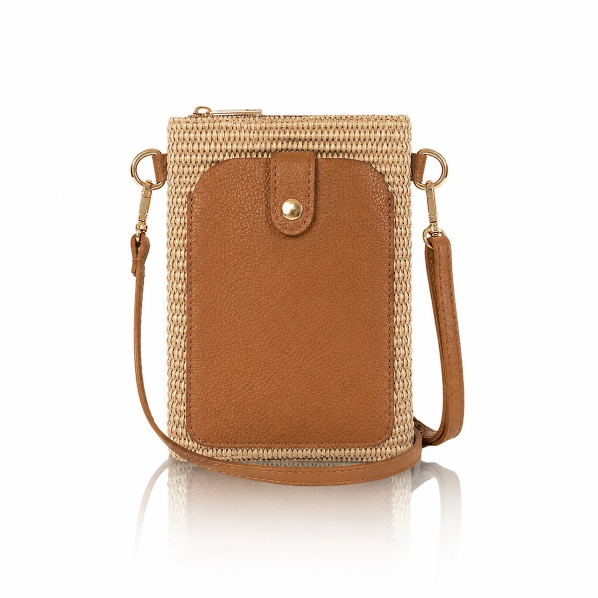 Italian raffia and leather crossbody phone bag in dark tan and natural raffia with gold-tone hardware | MERLEORA