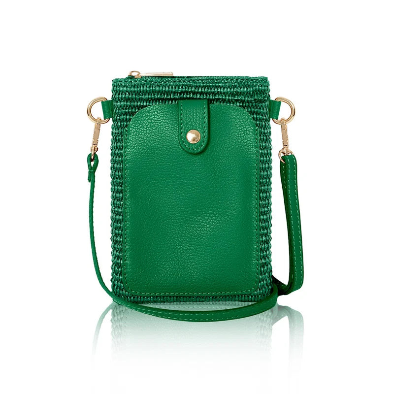 Italian raffia and leather crossbody phone bag in green with gold-tone hardware | MERLEORA