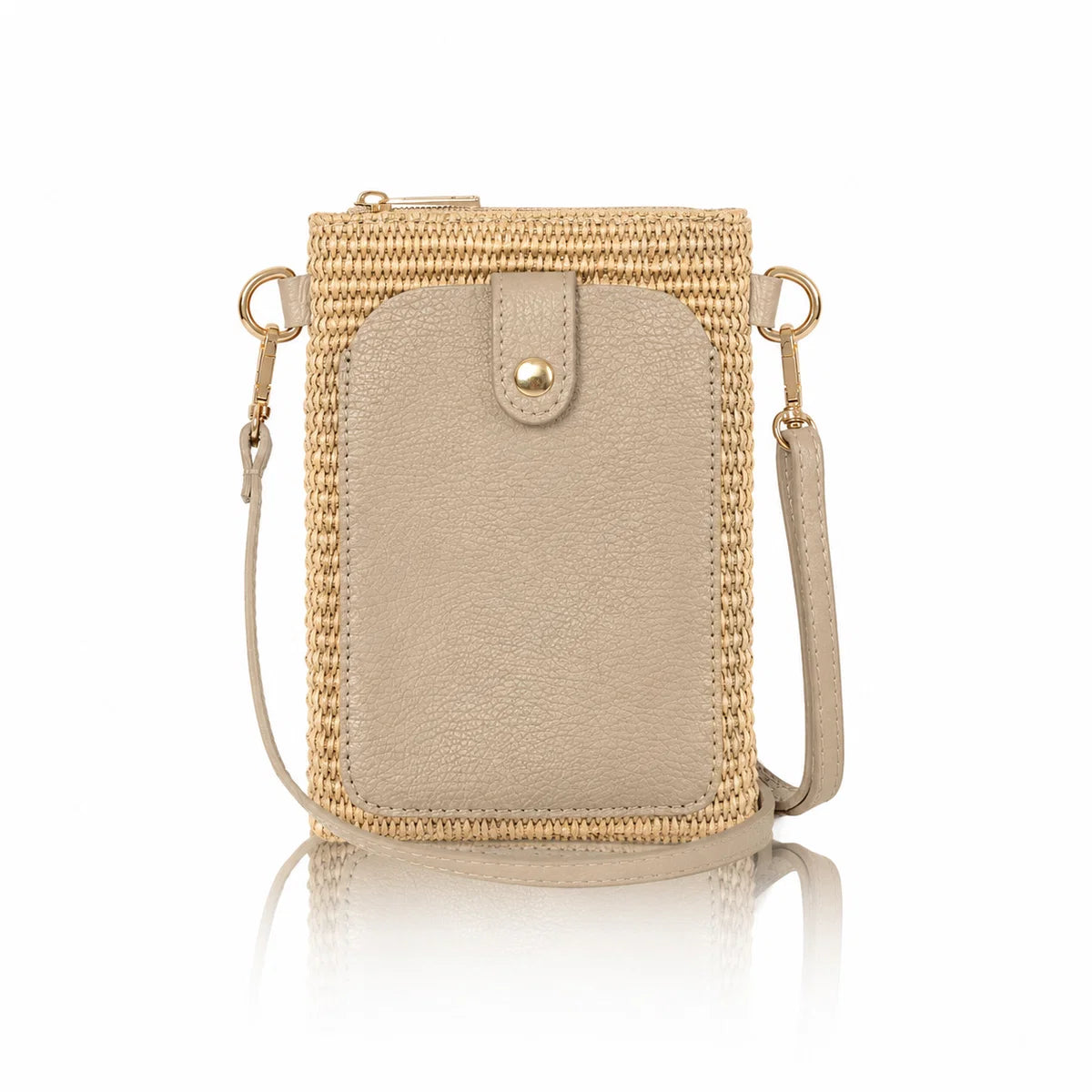 Italian raffia and leather crossbody phone bag in light taupe and natural raffia with gold-tone hardware | MERLEORA