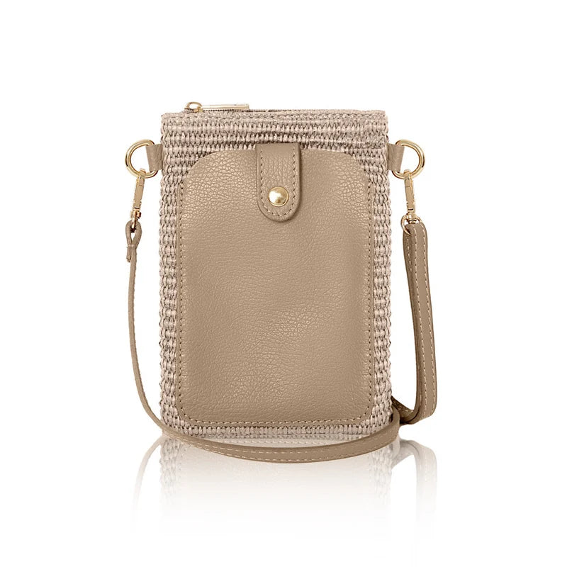 Italian raffia and leather crossbody phone bag in light taupe with gold-tone hardware | MERLEORA