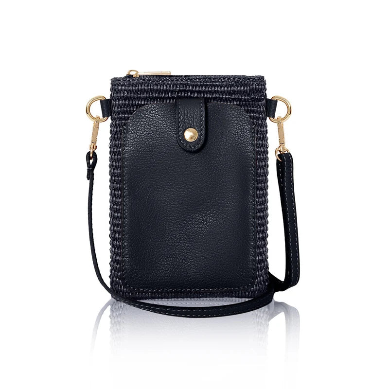 Italian raffia and leather crossbody phone bag in navy with gold-tone hardware | MERLEORA