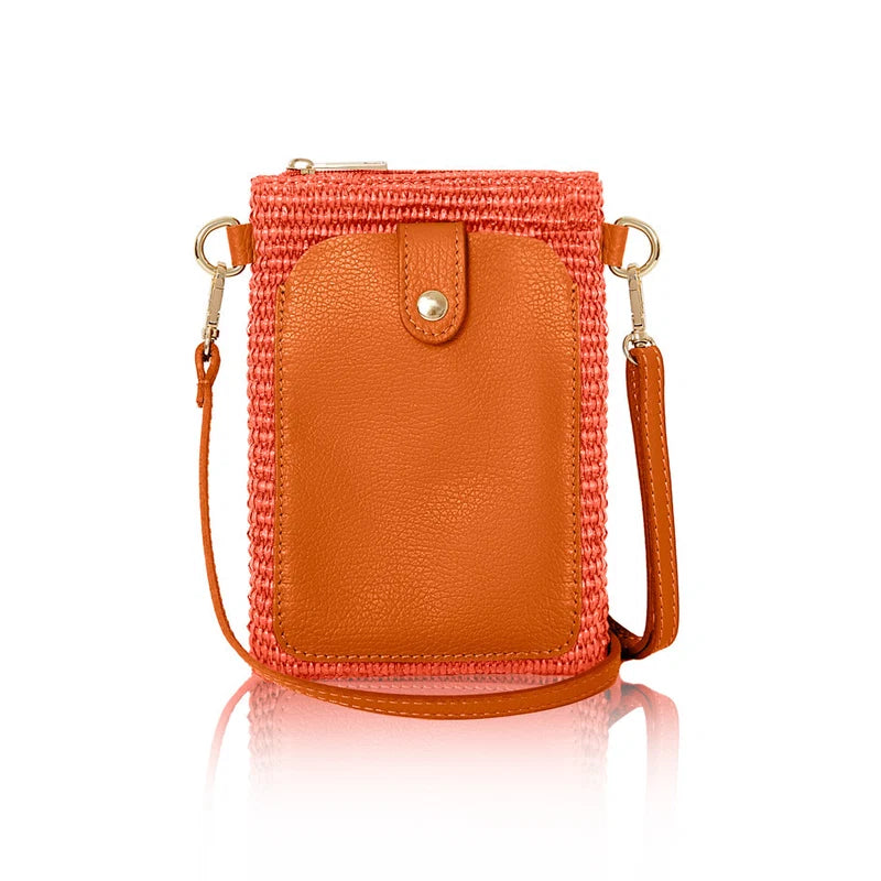 Italian raffia and leather crossbody phone bag in orange with gold-tone hardware | MERLEORA