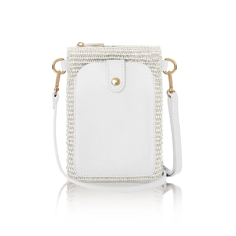 Italian raffia and leather crossbody phone bag in white with gold-tone hardware | MERLEORA