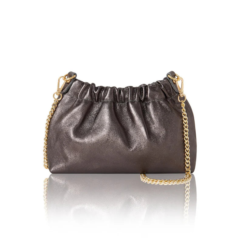 Italian genuine leather crossbody mini bag in pewter metallic with gold hardware