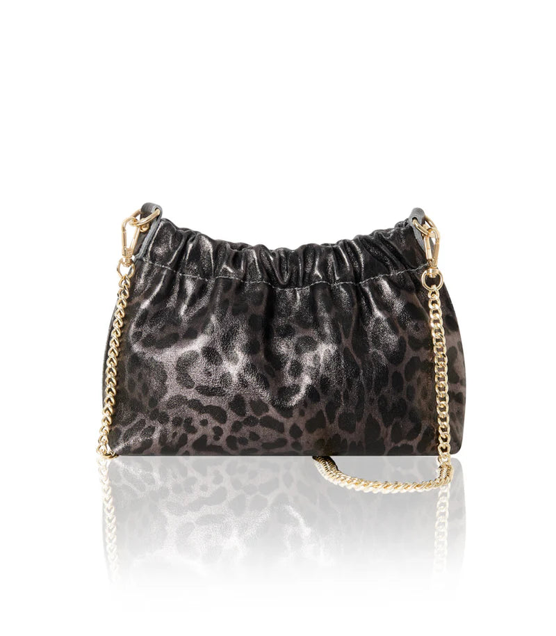 Italian genuine leather leopard print crossbody bag in dark grey leopard print with gold hardware