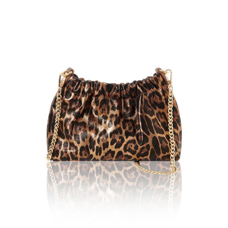 Italian genuine leather leopard print crossbody bag in dark tan leopard print with gold hardware