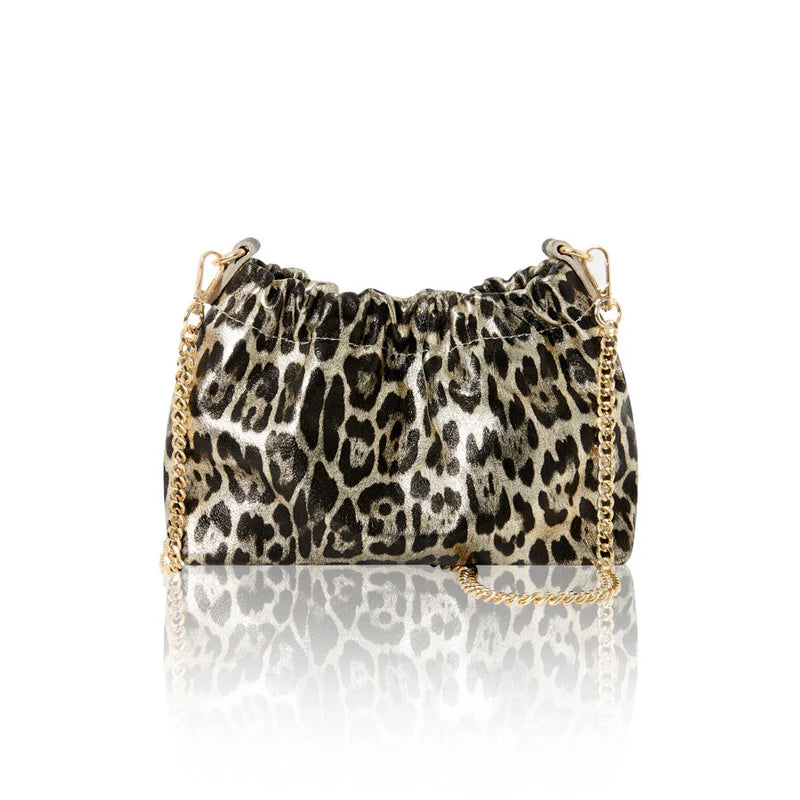 Italian genuine leather leopard print crossbody bag in light gold leopard print with gold hardware