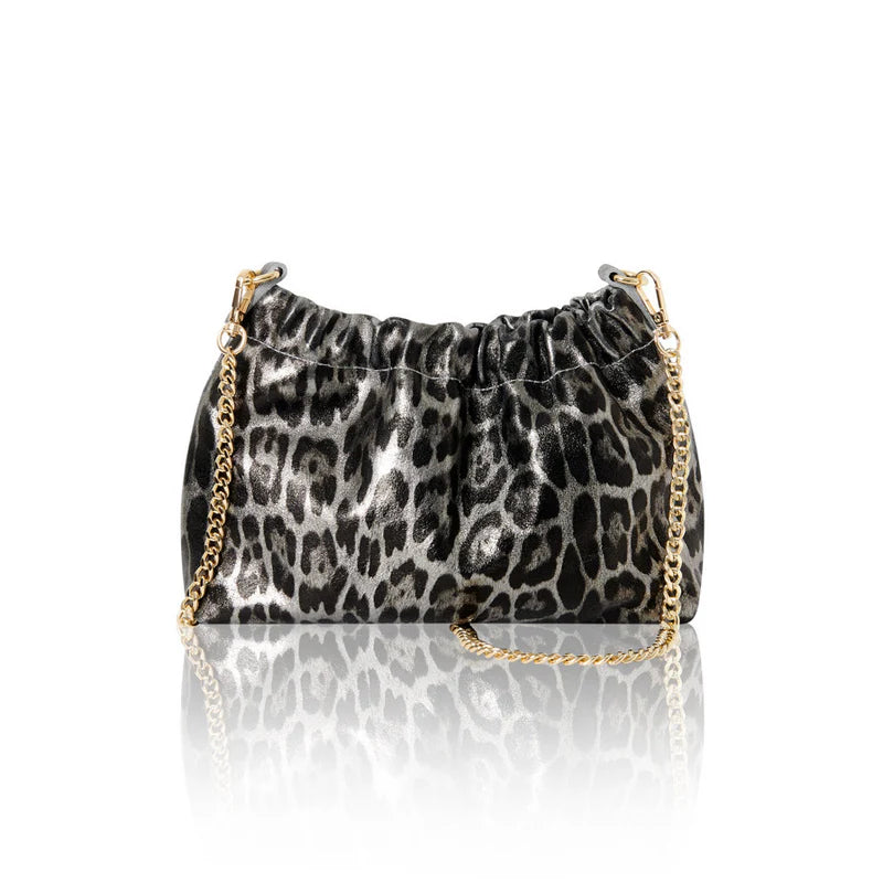 Italian genuine leather leopard print crossbody bag in light grey leopard print with gold hardware