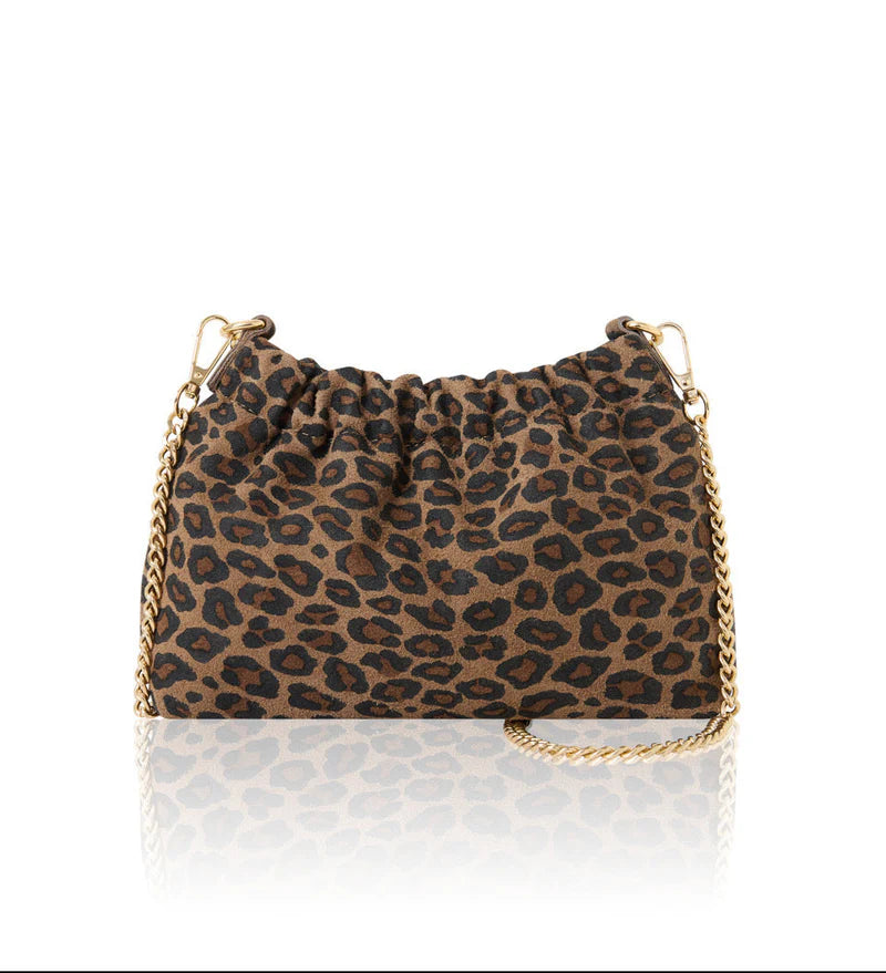 Italian genuine leather leopard print crossbody bag in matt brown leopard print with gold hardware