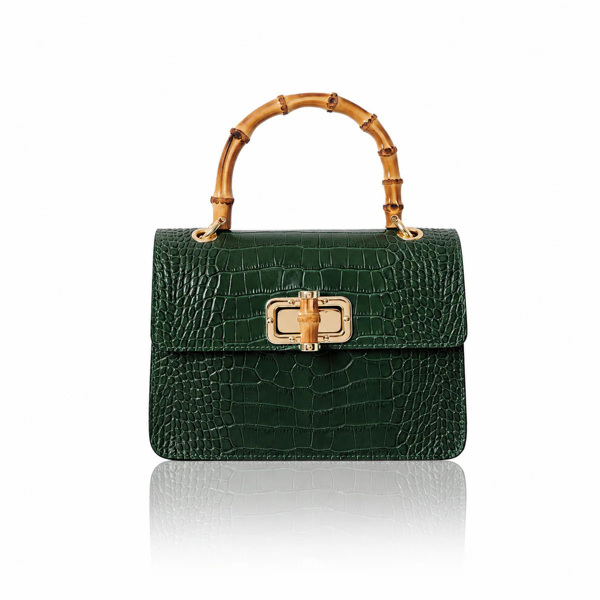 Italian croc-embossed leather bag with curved bamboo handle in dark green with gold turn-lock clasp
