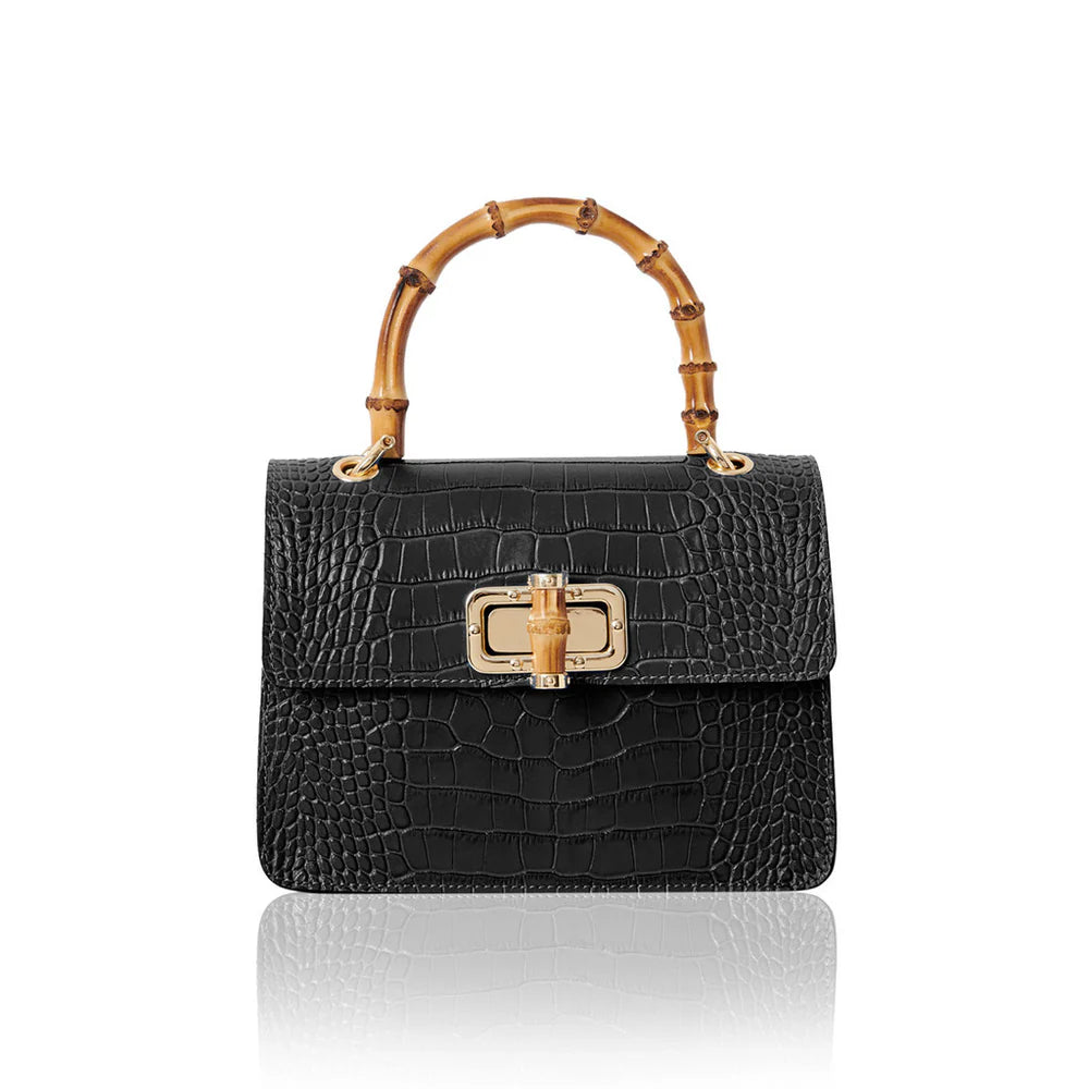 Italian croc-embossed leather bag with curved bamboo handle in black with gold turn-lock clasp