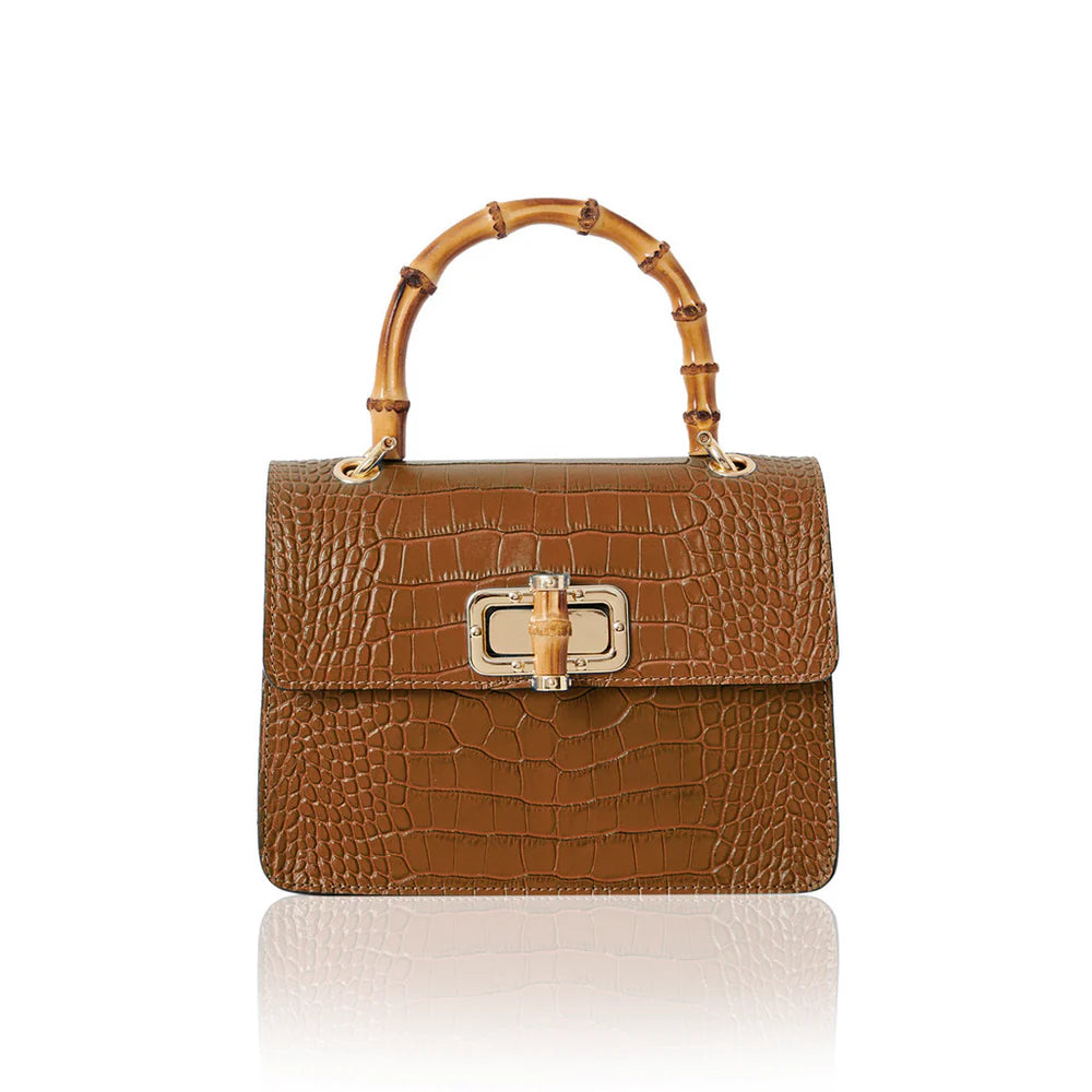 Italian croc-embossed leather bag with curved bamboo handle in dark tan with gold turn-lock clasp