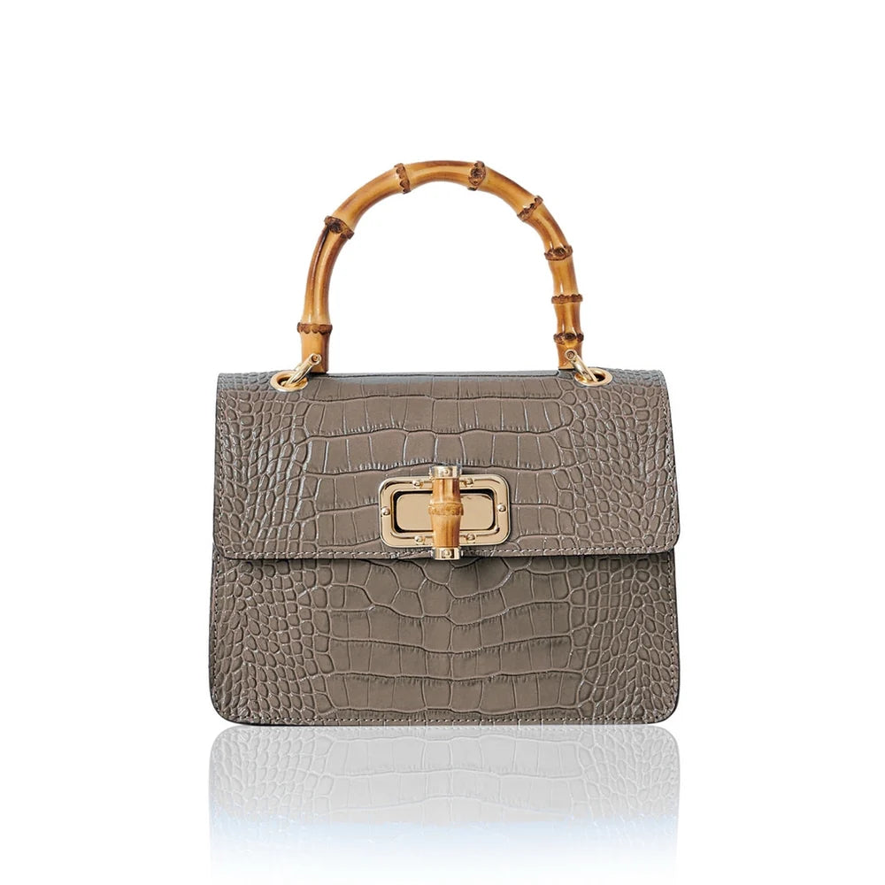 Italian croc-embossed leather bag with curved bamboo handle in dark taupe with gold turn-lock clasp