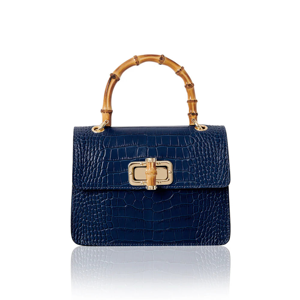 Italian croc-embossed leather bag with curved bamboo handle in navy with gold turn-lock clasp