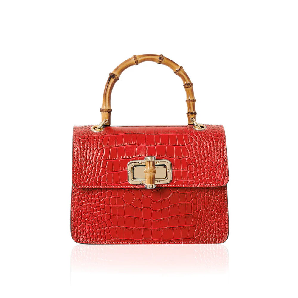 Italian croc-embossed leather bag with curved bamboo handle in red with gold turn-lock clasp