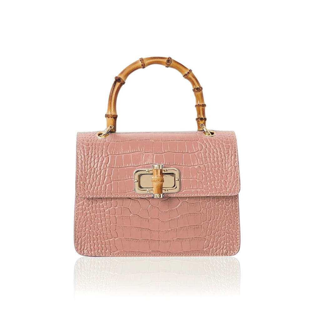 Italian croc-embossed leather bag with curved bamboo handle in smoke rose with gold turn-lock clasp