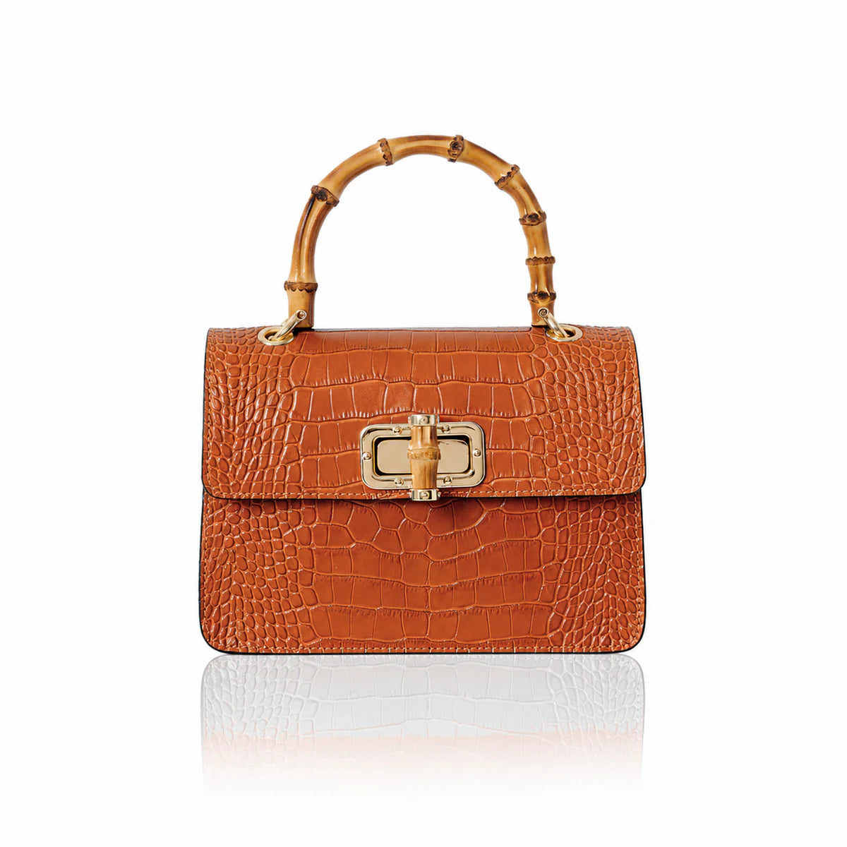 Italian croc-embossed leather bag with curved bamboo handle in burnt orange with gold turn-lock clasp