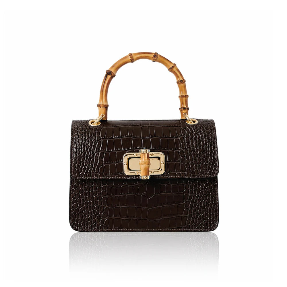 Italian croc-embossed leather bag with curved bamboo handle in dark chocolate with gold turn-lock clasp
