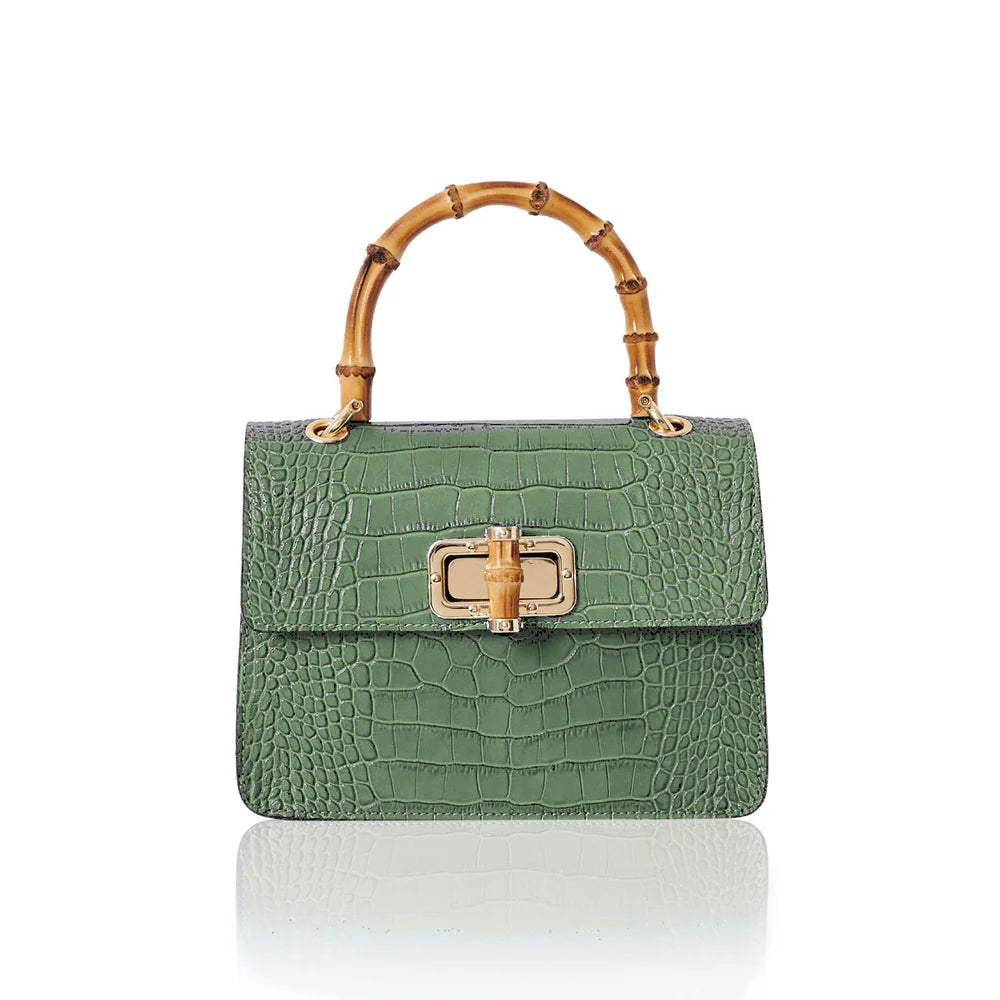 Italian croc-embossed leather bag with curved bamboo handle in dusty green with gold turn-lock clasp