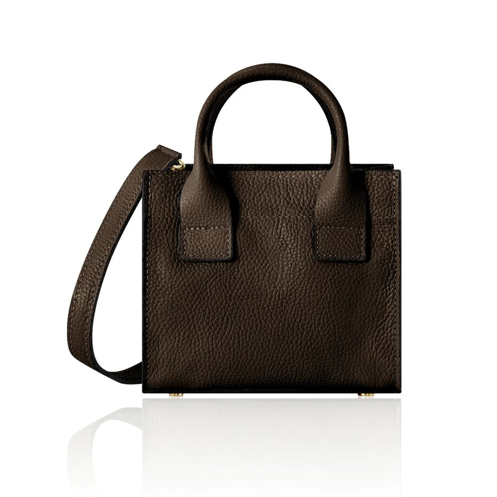 Italian Handmade Leather Mini Structured Tote in Dark Chocolate with gold-tone hardware | MERLEORA