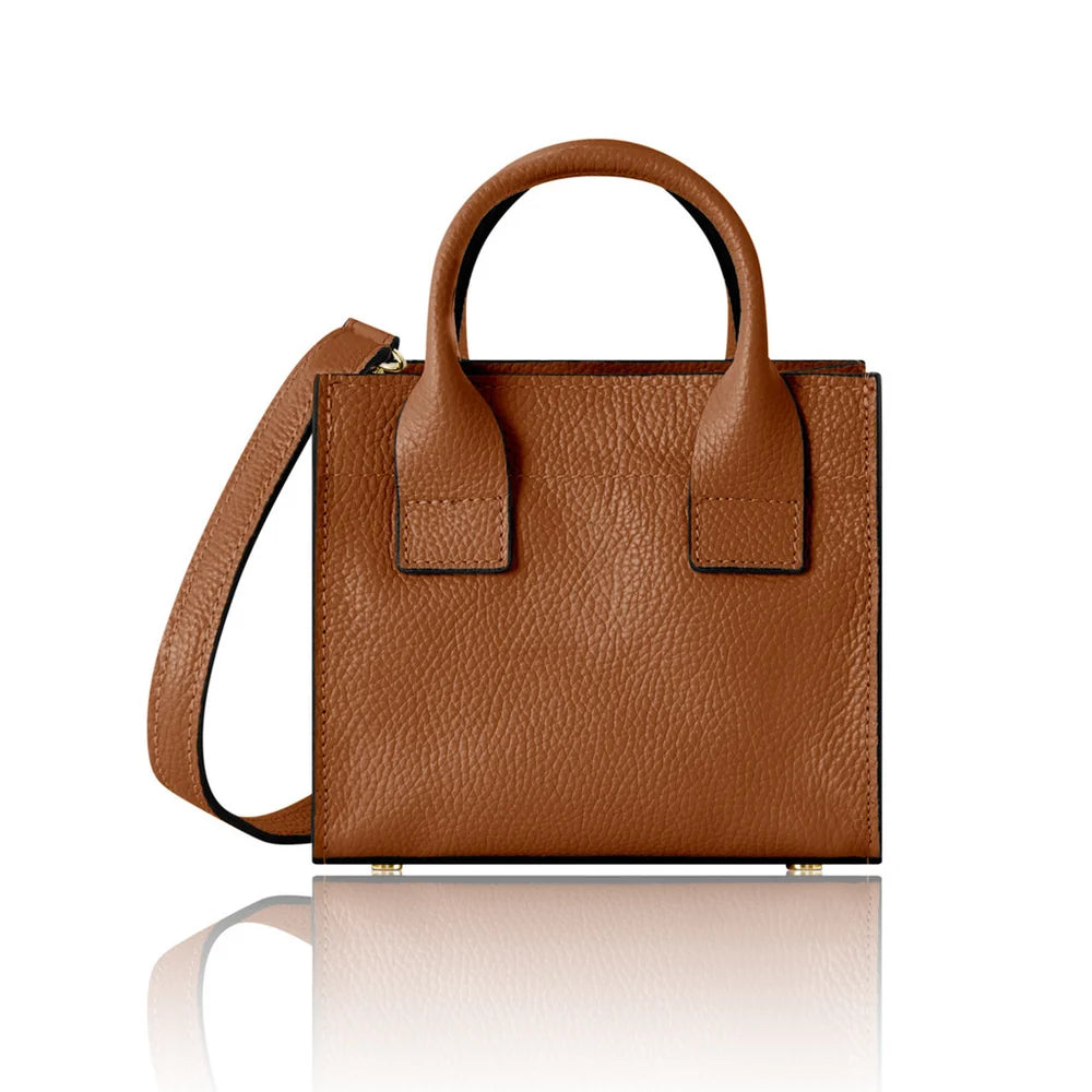 Italian Handmade Leather Mini Structured Tote in Dark Tan with gold-tone hardware | MERLEORA