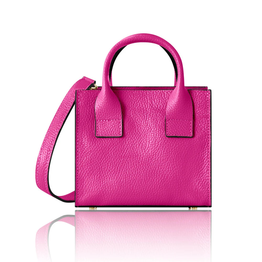 Italian Handmade Leather Mini Structured Tote in Fuchsia with gold-tone hardware | MERLEORA