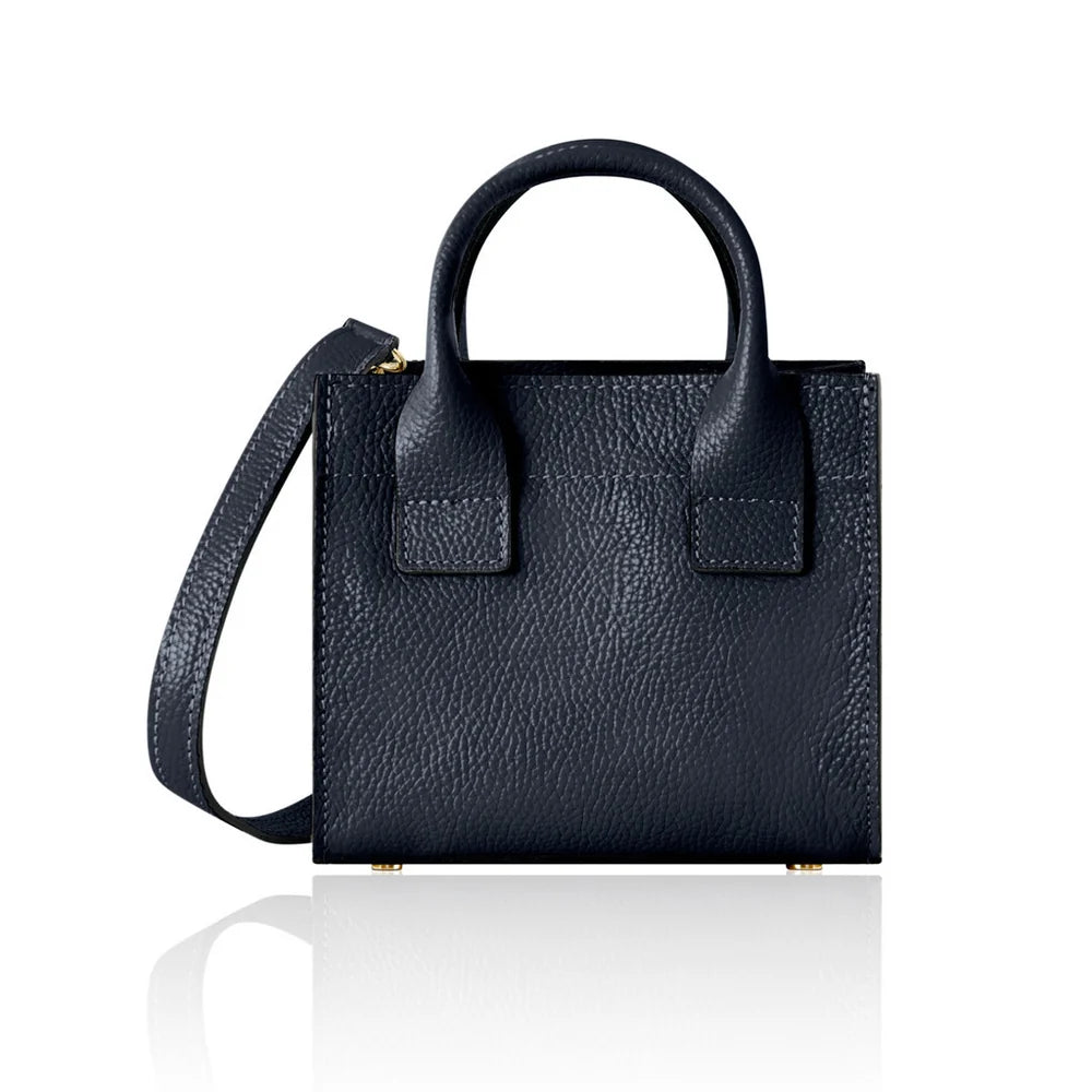 Italian Handmade Leather Mini Structured Tote in Navy with gold-tone hardware | MERLEORA
