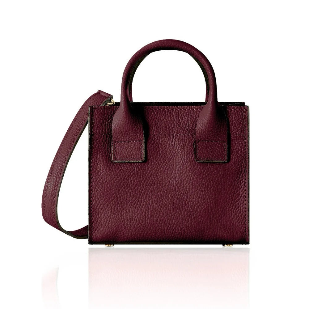 Italian Handmade Leather Mini Structured Tote in Red Plum with gold-tone hardware | MERLEORA