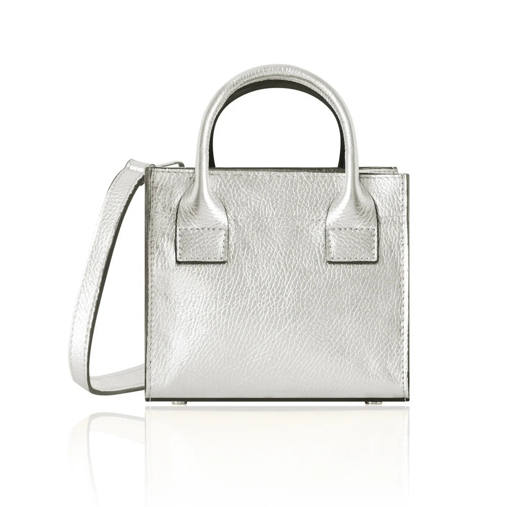 Italian Handmade Leather Mini Structured Tote in Metallic Silver with gold-tone hardware | MERLEORA