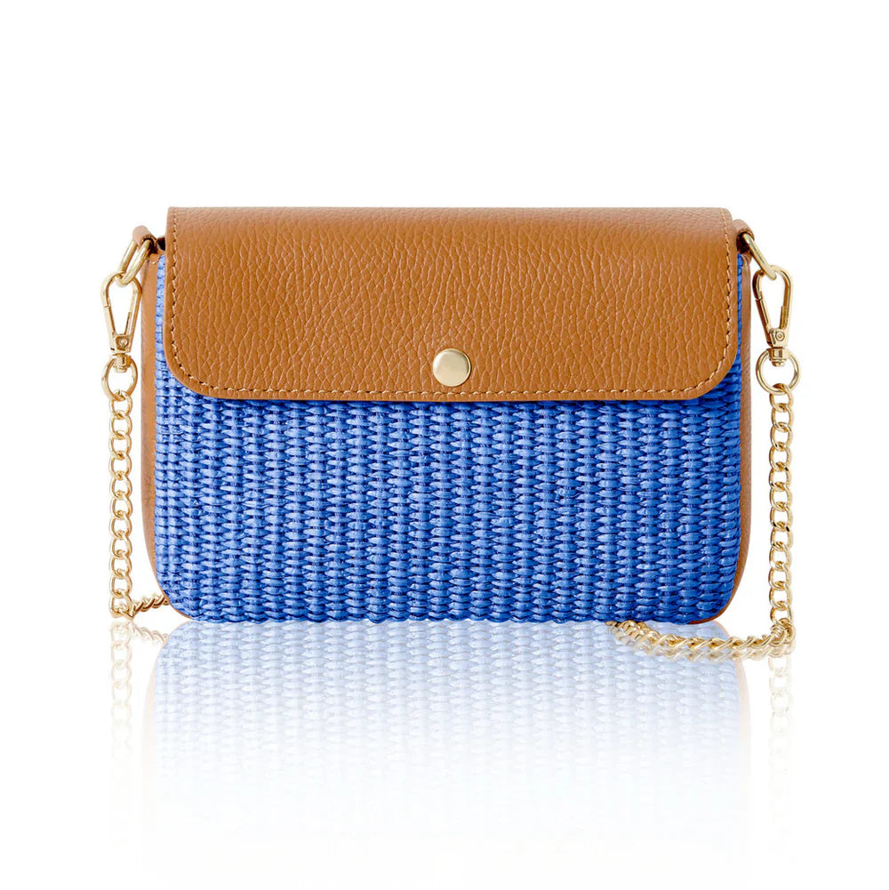 Italian handmade raffia and leather flap crossbody bag in royal blue with tan leather flap and gold chain strap