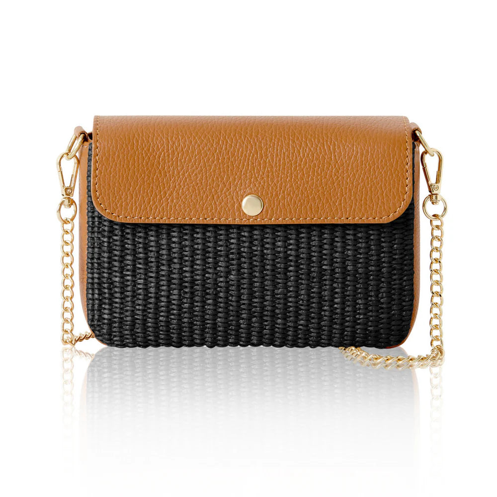 Black: Italian handmade raffia and leather flap crossbody bag in black with leather flap and gold chain strap