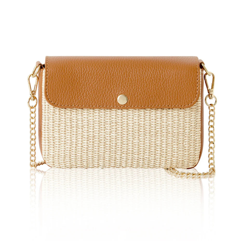 Cream: Italian handmade raffia and leather flap crossbody bag in cream with leather flap and gold chain strap