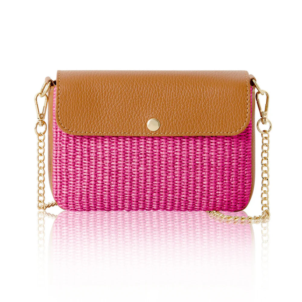 Fuchsia: Italian handmade raffia and leather flap crossbody bag in fuchsia with leather flap and gold chain strap