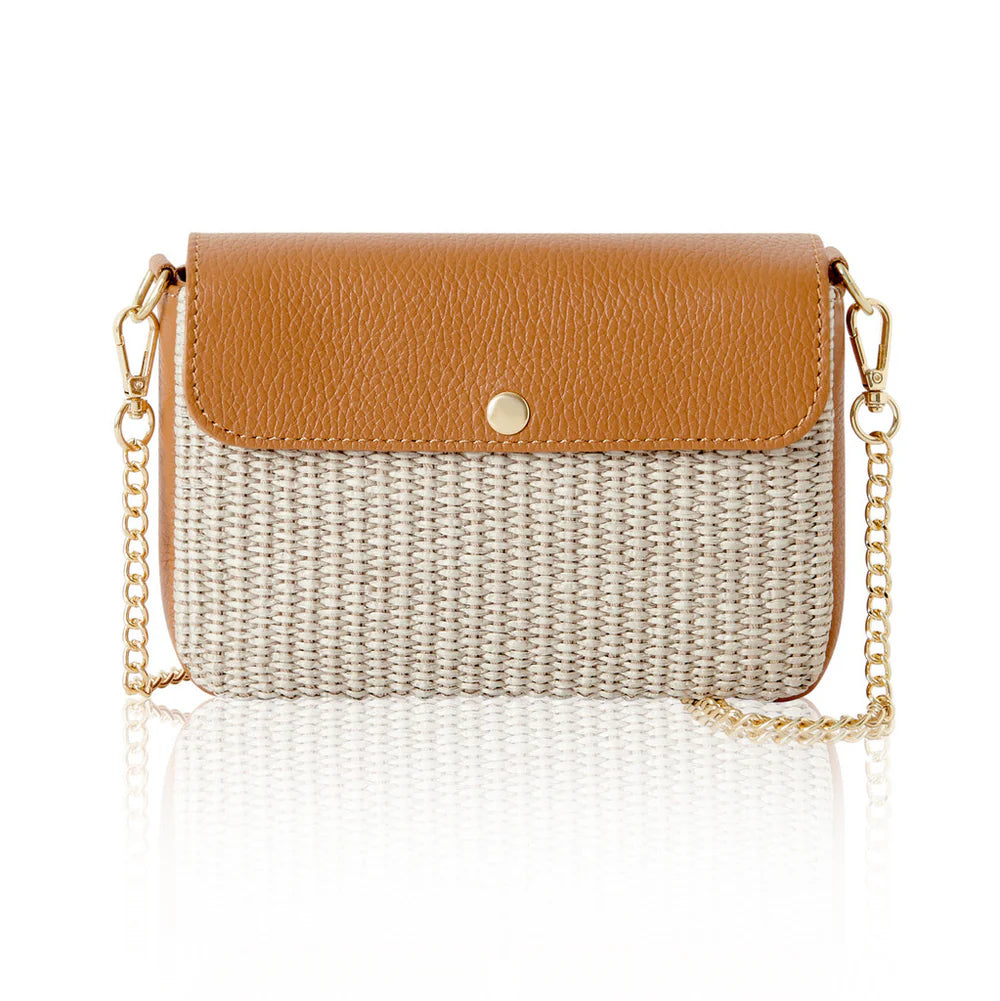 Light taupe: Italian handmade raffia and leather flap crossbody bag in light taupe with leather flap and gold chain strap